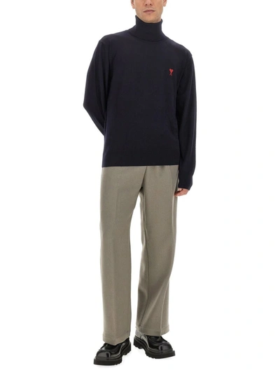 Ami Alexandre Mattiussi Wool Sweater With Turtleneck And Ribbed Finish In Blue