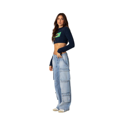 Shop Edikted Women's Tara Low Rise Denim Cargo Jeans In Blue-washed