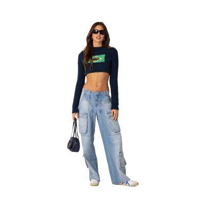 Shop Edikted Women's Tara Low Rise Denim Cargo Jeans In Blue-washed