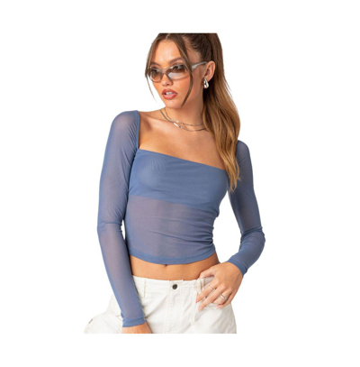 Shop Edikted Women's Long Sleeve Square Neck Mesh Top In Blue