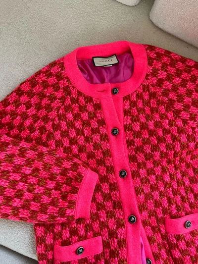 Pre-owned Gucci Neon Pink Checked Wool-blend Cardigan