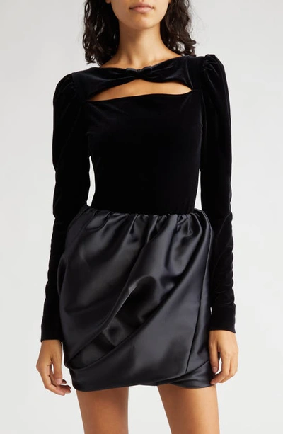 Shop Ganni Long Sleeve Velvet Bodysuit In Black