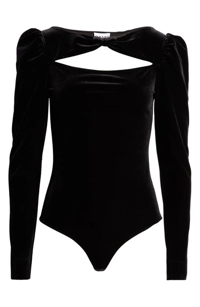 Shop Ganni Long Sleeve Velvet Bodysuit In Black