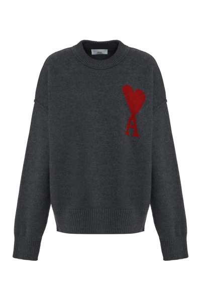 Shop Ami Alexandre Mattiussi Crew-neck Wool Sweater In Grey