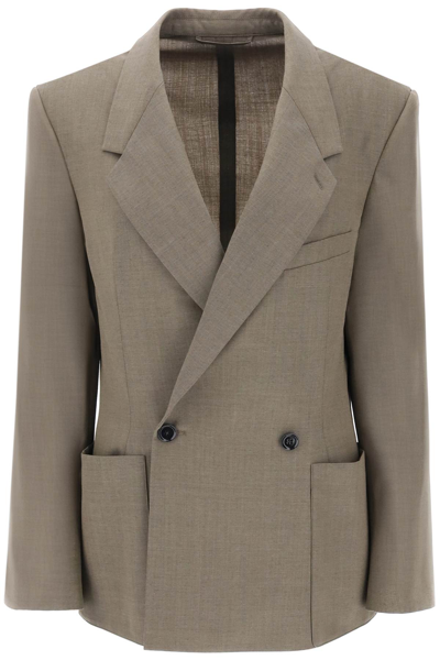 Shop Lemaire Double-breasted Blazer In Tropical Poly Wool In Beige Grey (khaki)