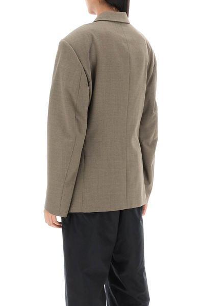 Shop Lemaire Double-breasted Blazer In Tropical Poly Wool In Beige Grey (khaki)