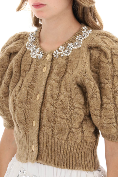 Shop Simone Rocha Cropped Cardigan With Appliques In Camel Pearl Clear (beige)