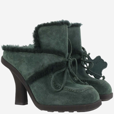 Shop Burberry Highland Suede And Shearling Leather Mule In Green