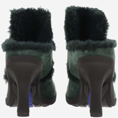 Shop Burberry Highland Suede And Shearling Leather Mule In Green