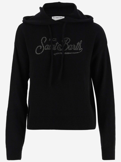 Shop Mc2 Saint Barth Wool Blend Sweater With Rhinestone Logo In Black