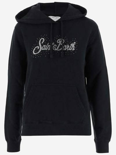 Shop Mc2 Saint Barth Rhinestone Logo Cotton Hoodie In Black