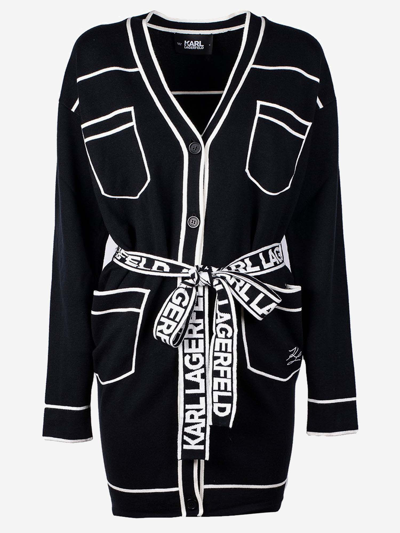 Shop Karl Lagerfeld Cotton And Wool Blend Long Cardigan In Black