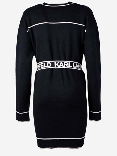 Shop Karl Lagerfeld Cotton And Wool Blend Long Cardigan In Black