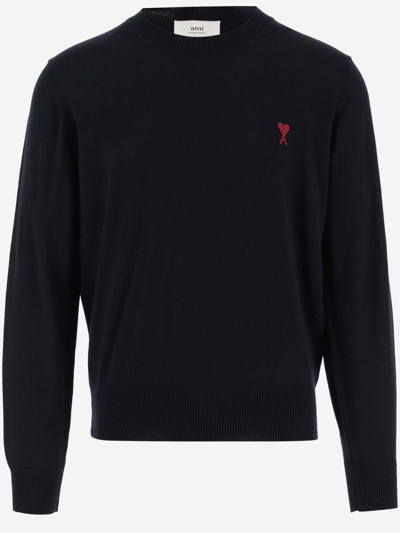Shop Ami Alexandre Mattiussi Wool Sweater With Logo In Blue