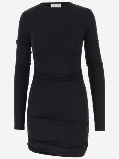 Shop Saint Laurent Draped Wool Dress In Black