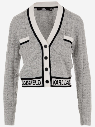 Shop Karl Lagerfeld Cropped Cardigan In Bouclé Fabric With Logo In Red