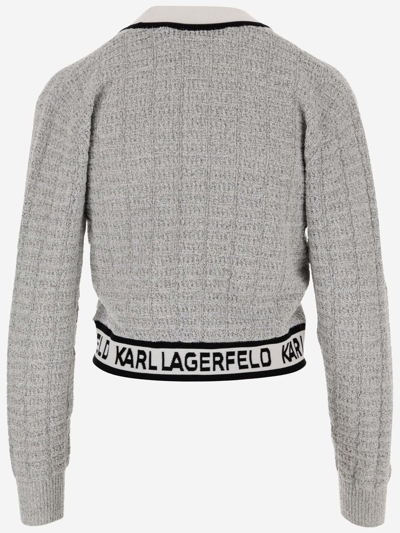 Shop Karl Lagerfeld Cropped Cardigan In Bouclé Fabric With Logo In Red