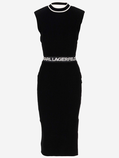 Shop Karl Lagerfeld Viscose Blend Dress With Logo In Black