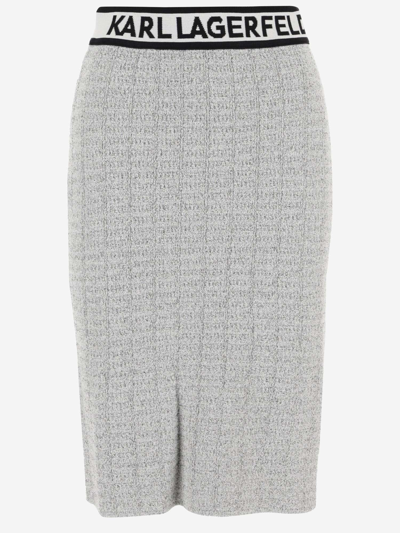 Shop Karl Lagerfeld Bouclé Fabric Skirt With Logo In Grey