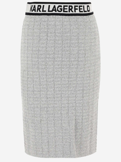 Shop Karl Lagerfeld Bouclé Fabric Skirt With Logo In Grey