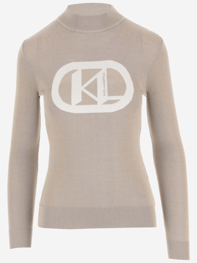 Shop Karl Lagerfeld Viscose Blend Pullover With Logo In Beige