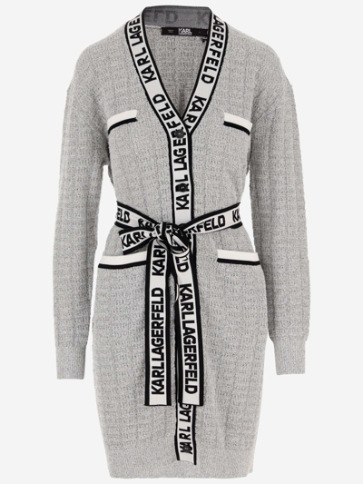 Shop Karl Lagerfeld Long Bouclé Fabric Cardigan With Logo In Red