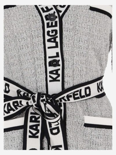 Shop Karl Lagerfeld Long Bouclé Fabric Cardigan With Logo In Red