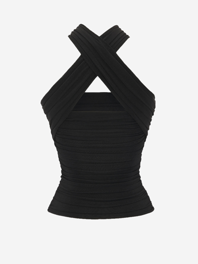 Saint Laurent Wool Drape Halter Top With Hood In Black