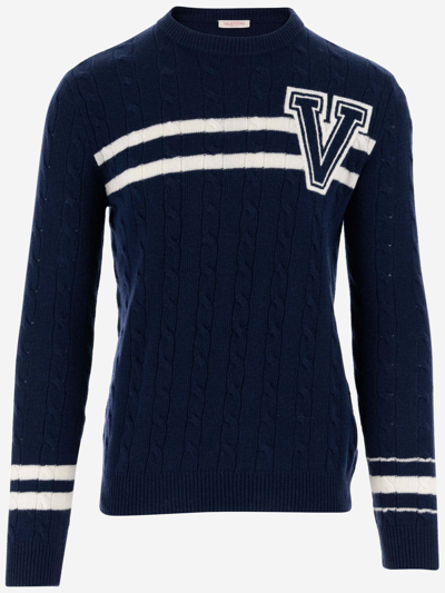 Shop Valentino Wool Pullover With Logo In Blue