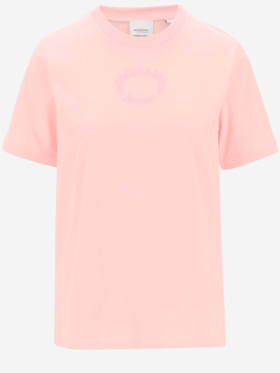 Shop Burberry Cotton T-shirt With Embroidered Logo In Pink