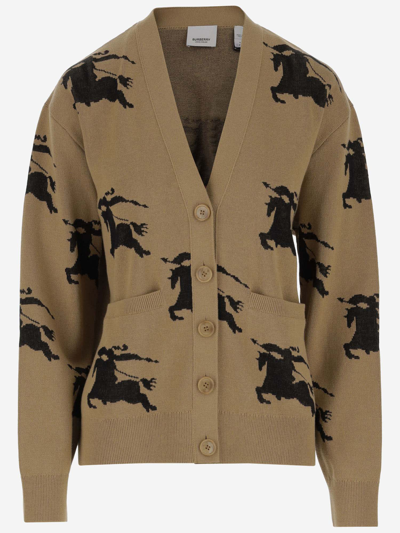Shop Burberry Cotton And Silk Cardican With Equestrian Knight Pattern In Beige