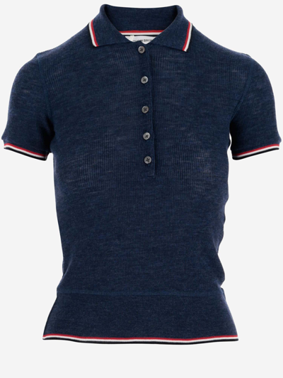 Shop Thom Browne Wool Polo Shirt With Tricolor Pattern In Blue