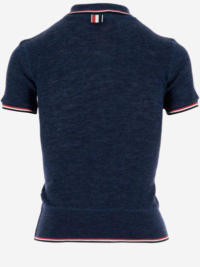 Shop Thom Browne Wool Polo Shirt With Tricolor Pattern In Blue