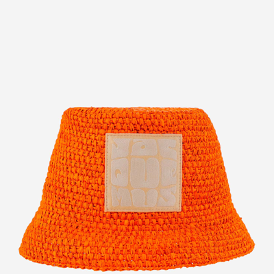 Jacquemus Textured Orange Woven Bucket Hat With Logo Patch In Orange