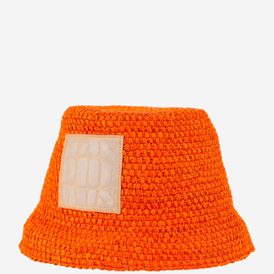Jacquemus Textured Orange Woven Bucket Hat With Logo Patch In Orange