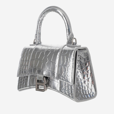 Shop Balenciaga Hourgalss Xs Bag With Crocodile Print In Silver