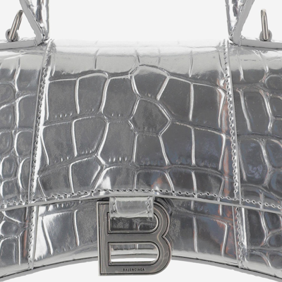 Shop Balenciaga Hourgalss Xs Bag With Crocodile Print In Silver