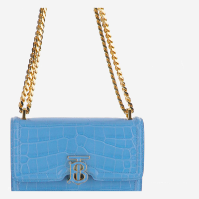 Shop Burberry Mini Tb Embossed Leather Bag With Chain Strap In Clear Blue