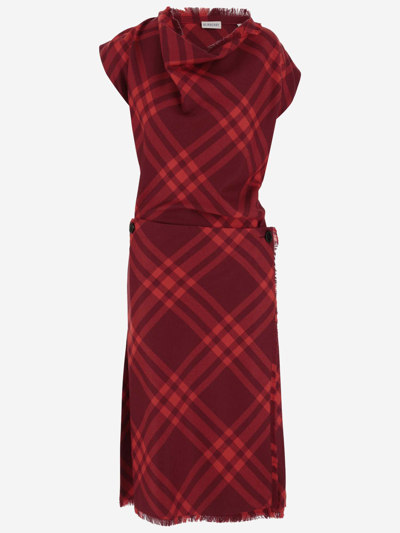 Shop Burberry Check Pattern Wool Dress In Red