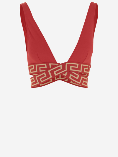 Shop Versace Triangle Bikini Top With Greek Border In Red