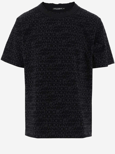 Shop Dolce & Gabbana Cotton T-shirt With All-over Flocked Logo In Black