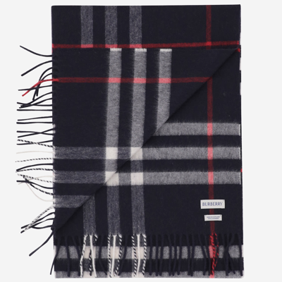 Shop Burberry Cashmere Scarf With Check Pattern In Blue