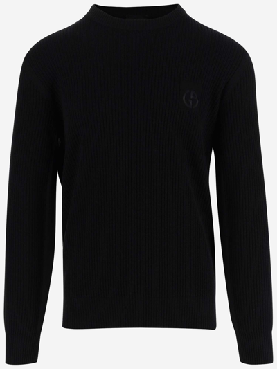 Shop Giorgio Armani Ribbed Wool Sweater In Black