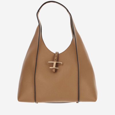 Shop Tod's T Timeless Medium Leather Hobo Bag In Beige