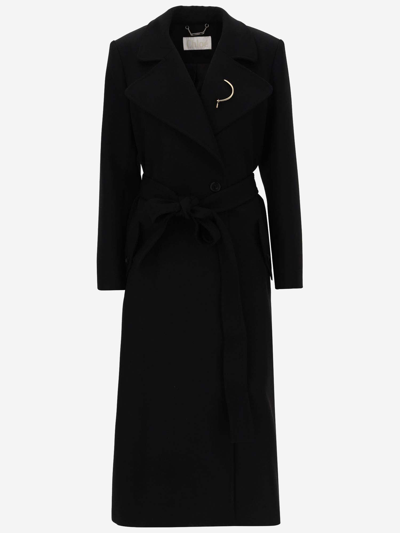 Shop Chloé Gabardine Long Coat With Brooch Detail In Black