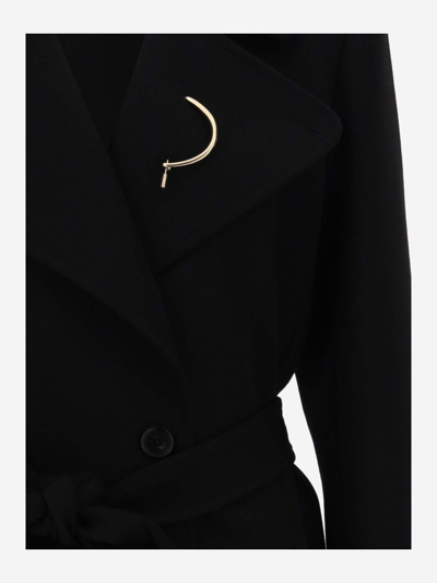 Shop Chloé Gabardine Long Coat With Brooch Detail In Black