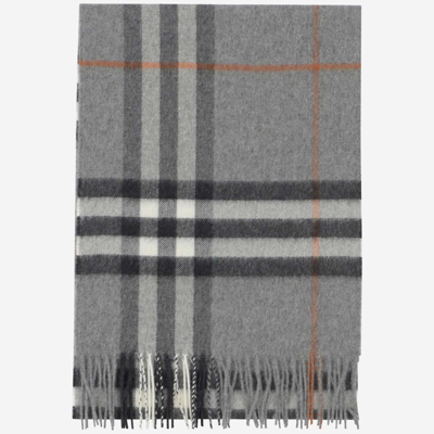 Shop Burberry Cashmere Scarf With Check Pattern In Grey
