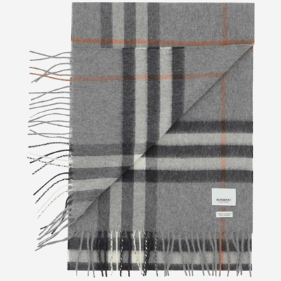 Shop Burberry Cashmere Scarf With Check Pattern In Grey