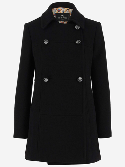 Shop Etro Peacoat With Floral Buttons In Black