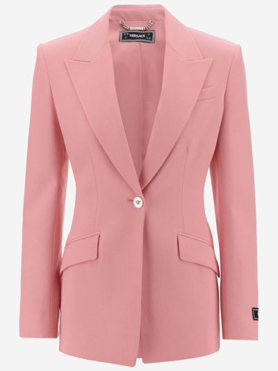 Shop Versace Single-breasted Wool Blazer In Pink